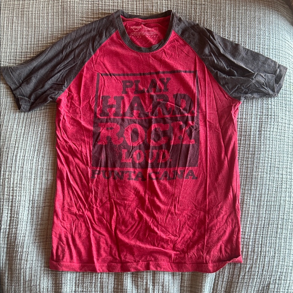 Hard Rock Cafe Red and Charcoal Raglan Short Sleeve Tee